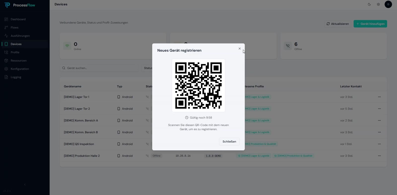 ProcessFlow Geräte-Registrierung: zeitlich begrenzter QR-Code mit Restlaufzeit, der das neue Gerät dem Konto und Profil zuordnet