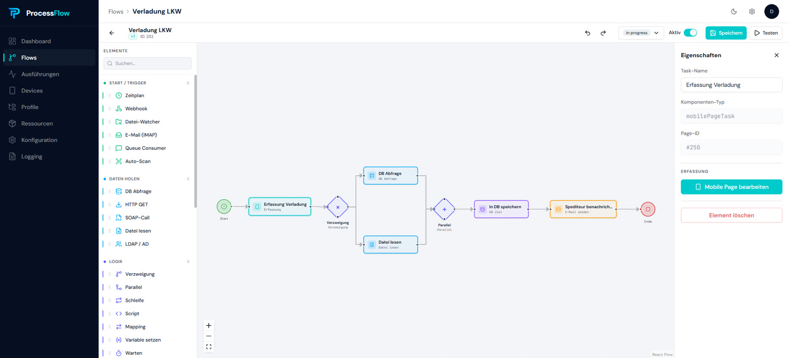 ProcessFlow Flow-Editor: Ablauf für die Verladung eines LKW mit gleichzeitiger Datenbank-Abfrage und automatischer Benachrichtigung des Spediteurs