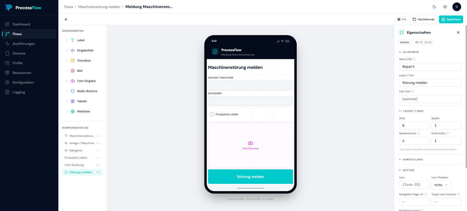 ProcessFlow Mobile-Page-Editor: Live-Vorschau einer Maschinenstörungs-Meldung mit Foto-Eingabe und Komponenten-Bibliothek