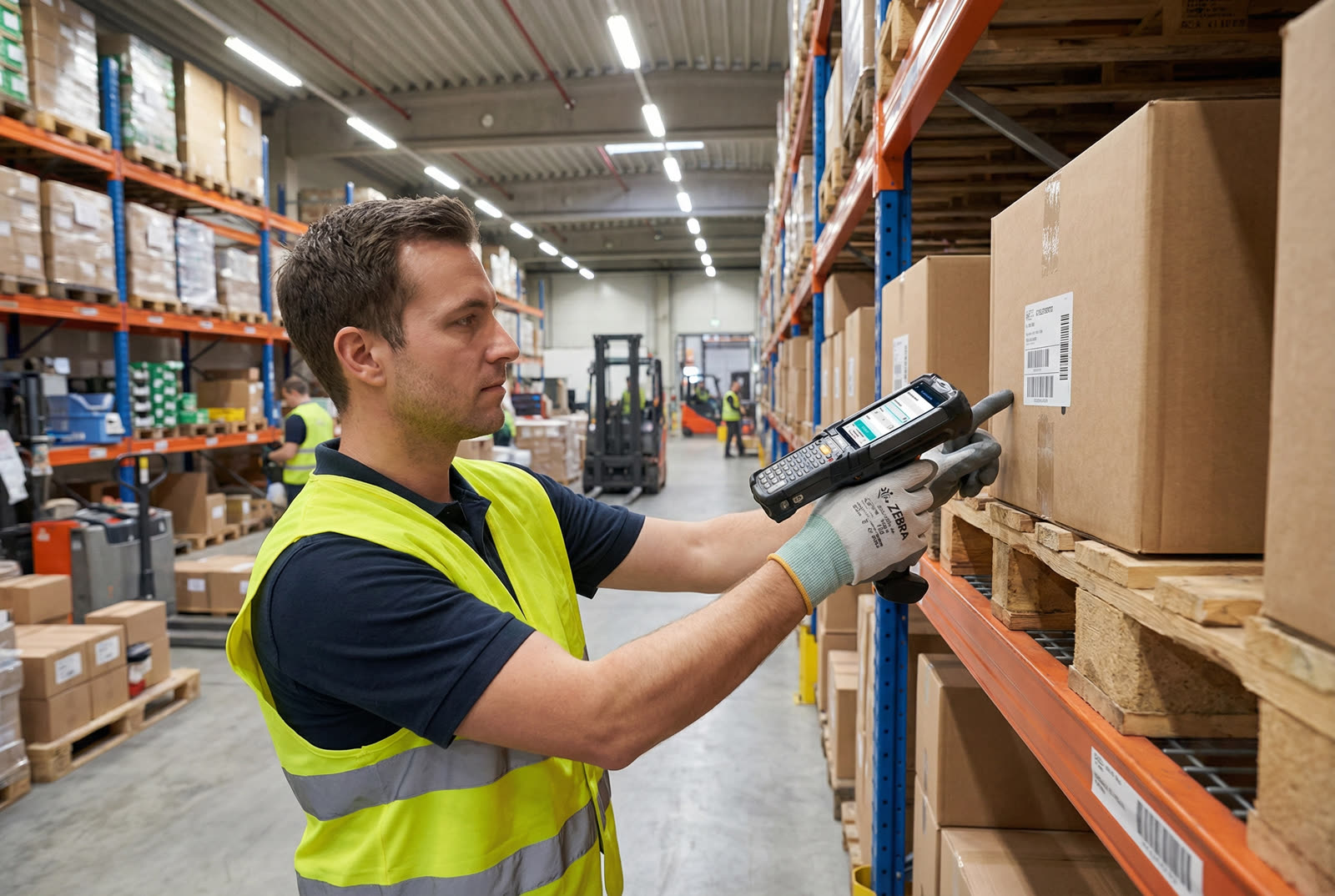 Lagerarbeiter scannt mit einem Industrie-Handheld eine Etikette an einer Palette in der Produktion